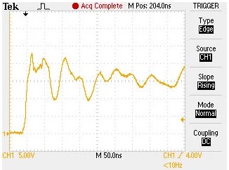 Figure 11. A 50ns time base oscilloscope shot of the 24V supply being hot-plugged into the Santa Cruz (M12-1).