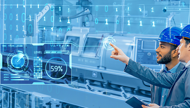 image of 2 men analyzing data collected asbout the fasctory machinery 
