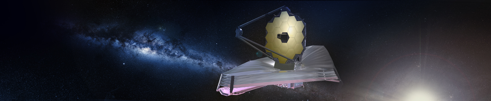 Image shows the James Webb Space Telescope in Outer Space.Behind telescope are Stars, Galaxies and bright light from a star.
