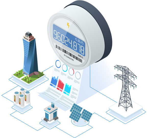 Icon of energy meter monitoring power sources and generating a report.