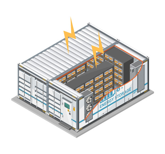 Icon depicting a battery storage facility with cutaway view revealing internal battery cells.