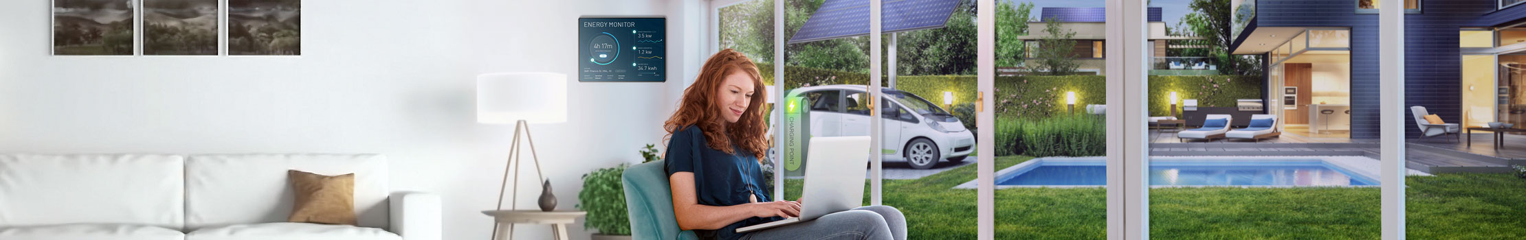 A girl in her living room with a wall-mounted energy monitor, overlooking an EV charging station and solar panels outside.