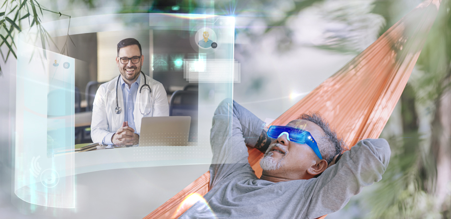 Man is laying in a hammock wearing metaverse glasses while speaking to his doctor on a virtual reality overlayed video chat.