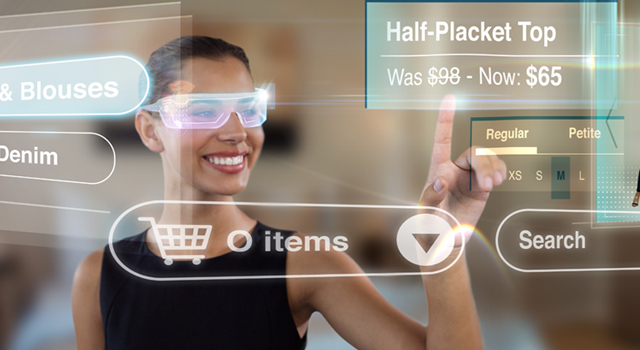 Woman shopping for a blouse within a virtual reality metaverse space while wearing augmented reality glasses.