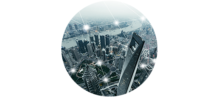 Big city seen from top down with a networking graphic overlay.