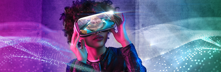 Young woman wearing a virtual reality headset with digital technology wave overlay in background.