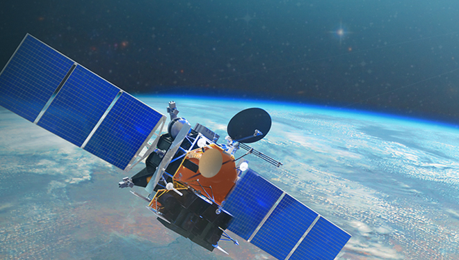 Image shows the planet Earth and a Satellite from Lower Orbit.