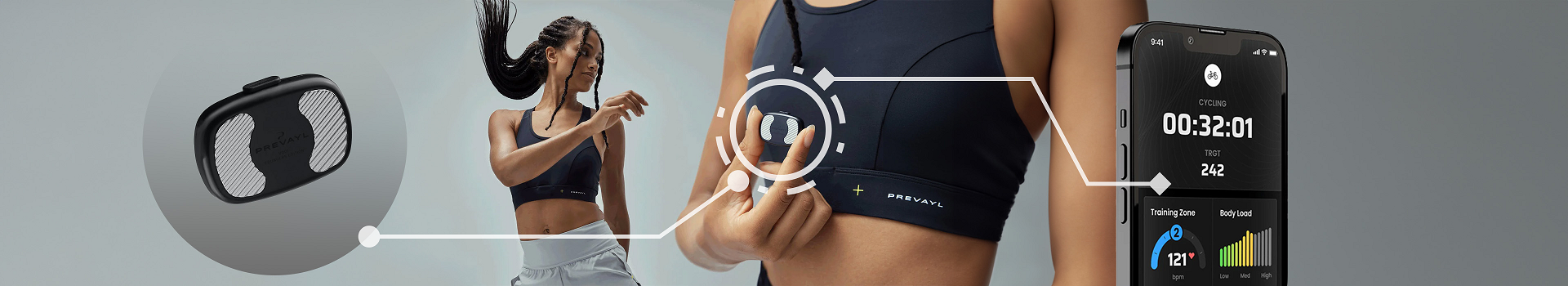 A woman in sports bra and shorts moving and holding Prevayl Sensor