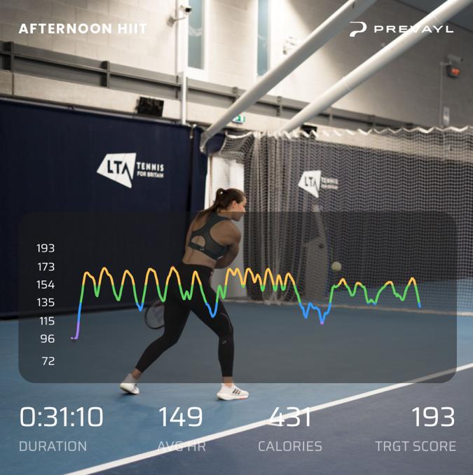 A woman playing tennis with real-time data overlay