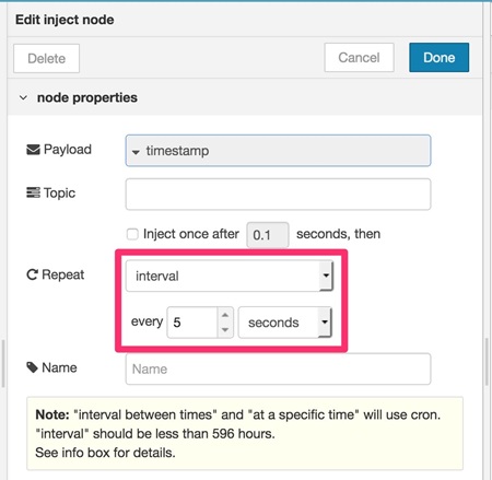 図8, 「inject」ノードの設定