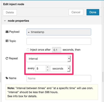 図8, 「inject」ノードの設定