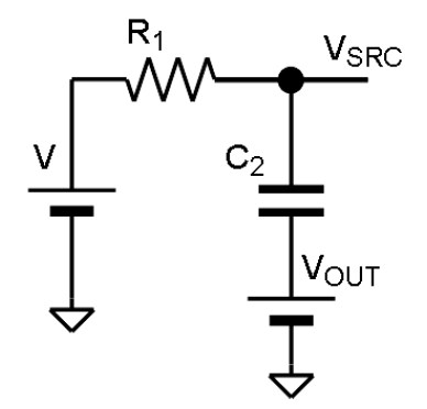 図3. 重ね合わせの理を使って𝑉𝑆𝑅𝐶を得る(電圧源シンボルは 極性を明示する意味からDCのものを用いている)