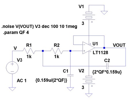 図8. 図1のサレン・キー型LPFのOPアンプを超ローノイズOPアンプ LT1128に交換してみる(𝑄 = 4)