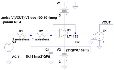図11. LT1128の電圧性ノイズの影響のみを見られるように 抵抗を1Ω、コンデンサの大きさを1000倍にした(低抵抗を駆動できるようにバッファとしてVCVSも追加。𝑄 = 4)