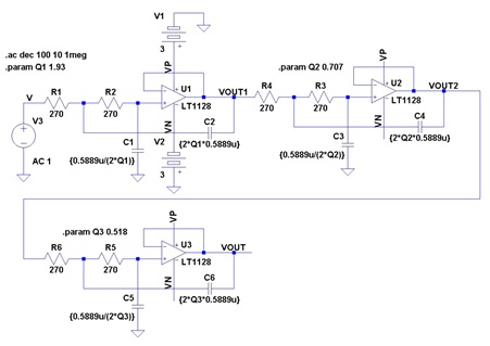 図2. 3段のLT1128サレン・キー型LPFを用いた6次バタワース型LPF