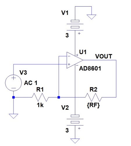 図2. 電圧帰還OPアンプAD8601を用いて目論見増幅率Gを 変えて周波数特性を確認するシミュレーション回路(G = 0dB, 10dB, 20dB, 30dB, 40dB, 50dB)