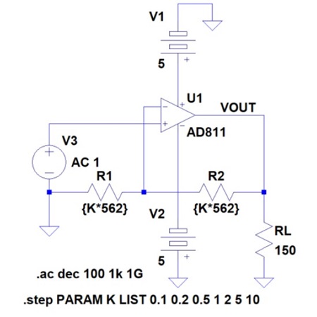 図8. AD811をG = +2で帰還抵抗値を変えたときの周波数特性をシミュレーションする回路
