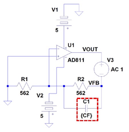 図12. AD811に電圧帰還OPアンプで用いられる帰還容量が付加されたときのループ・ゲインをシミュレーションする回路