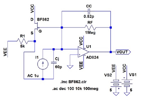 図 8. 接合型FET（JFET）でフォトダイオードに 「ブートストラップ」をかける