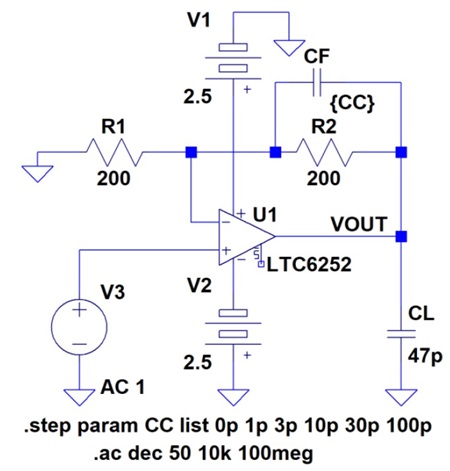 図7. 図5 を𝐺 = 2(6dB)にしたシミュレーション回路。.stepコマンドで並列容量を可変する(0, 1, 3, 10, 30, 100pF)