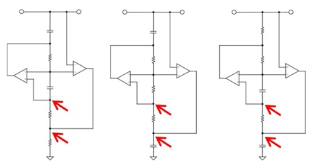 図9. 図8のGIC回路でFDNRを構成する [7] ［下の2素子とOPアンプとの接続点（赤矢示）に間違いがある］