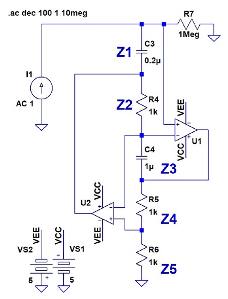 図10. 図8のGIC回路でFDNRを構成したLTspice回路(OPアンプは図5同様でUniversalOpamp2を用い、開ループ利得 Avol = 10M、利得帯域幅GBW = 100MHzに設定)
