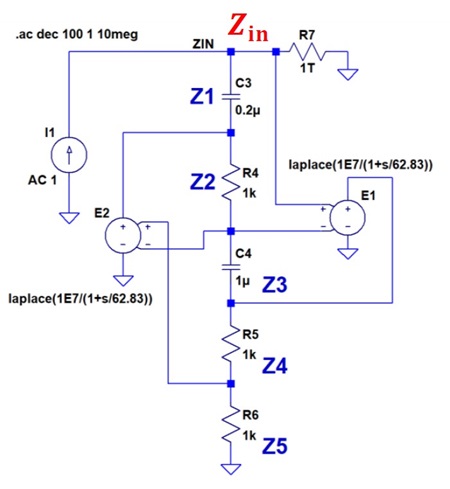 図 3. TNJ-070 の図 10 の OP アンプを Laplace モデルに変換してみた GIC 回路（LTspice シミュレーション・モデル）
