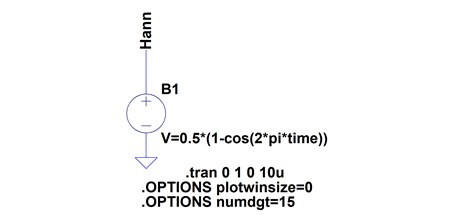 図 9. Hann 窓の減衰補正係数が 0.5 ということを確認してみる LTspice シミュレーション回路