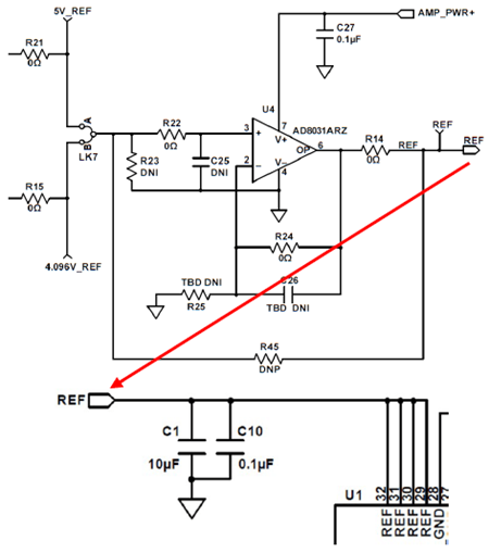 図 8. EVAL-AD7960FMCZ の AD7960 の REF 電圧を 生成する回路とデカップリング・コンデンサ