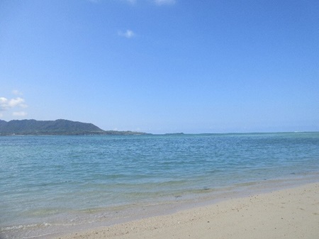 図 1. 小浜島の細崎海岸から西表島を望む。訪れたとき観光客はツアー・バスの我々以外ゼロだった(2019 年 10 月)