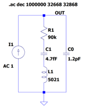 図 3. 32768Hz の水晶振動子の素子定数[2] （VT-200-F ではない）。インダクタンスは適当な（妥当な）数値を設定