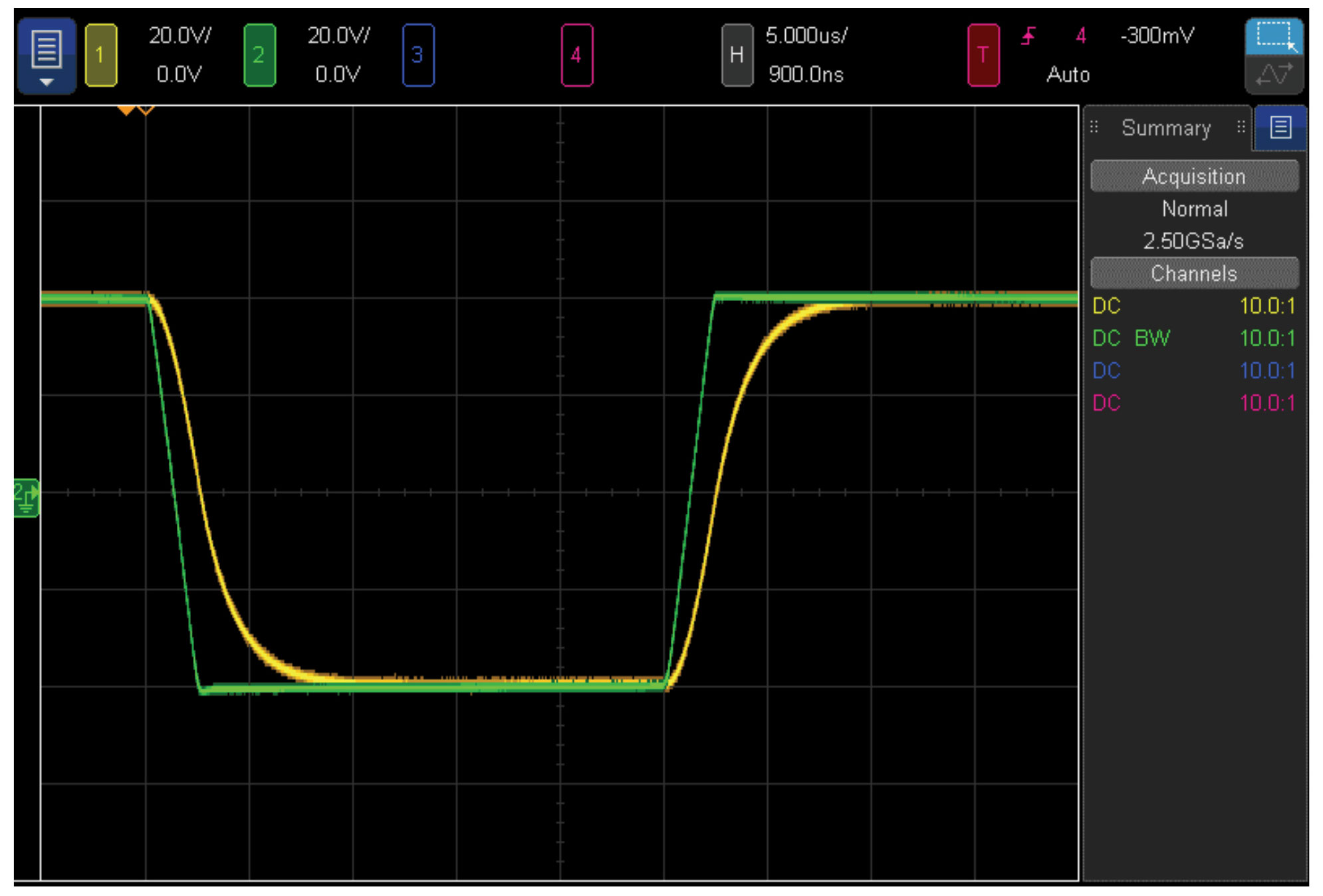 図8 . 大振幅のパルス信号に対する回路の応答( その1 ) 。入力スルー・レートが± 3 2 V / マイクロ秒という適度な条件で評価を実施しました。