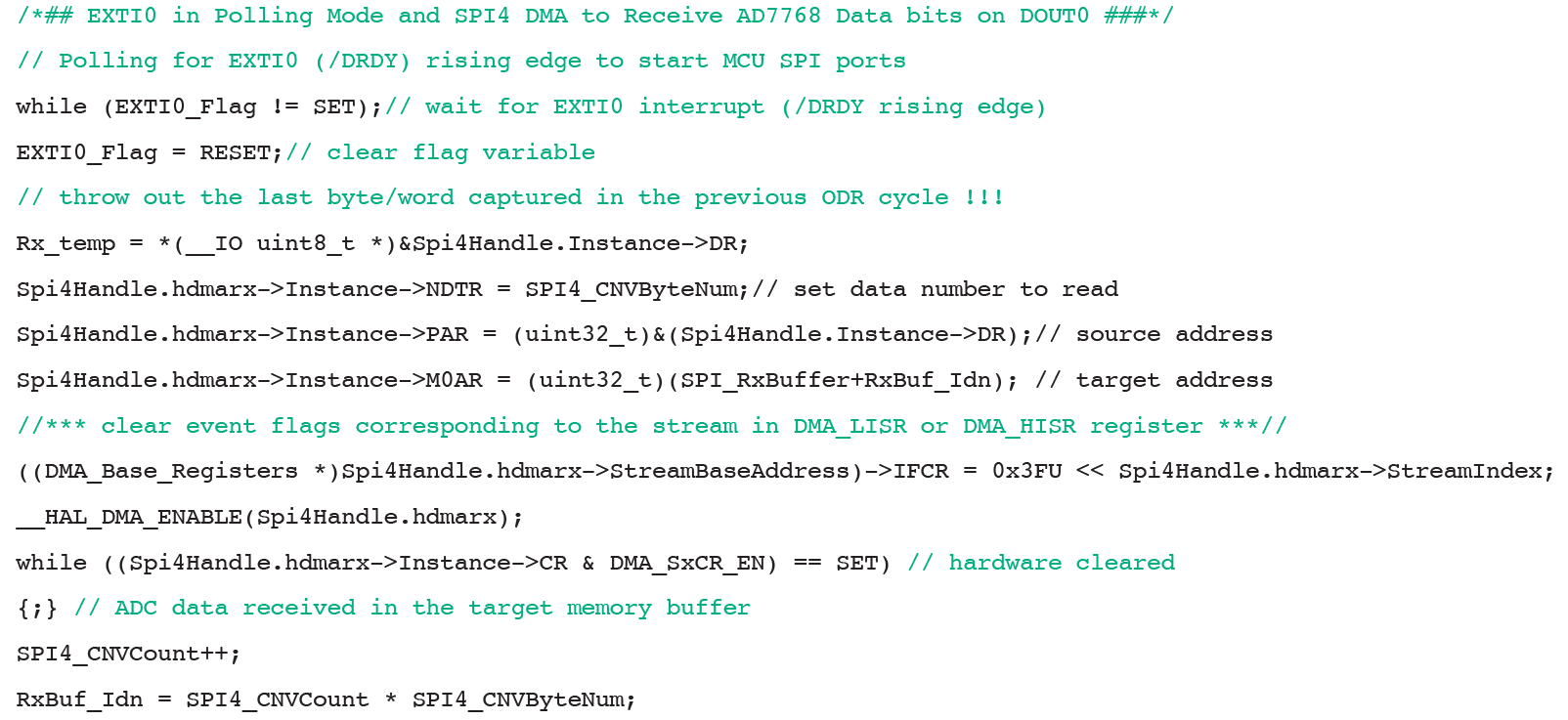 図10. DMAを使用する場合のファームウェアのコード例。ポーリング・モードのEXTI0とSPI4のDMAを使用して、AD7768のDOUT0から出力されるデータを受信します。