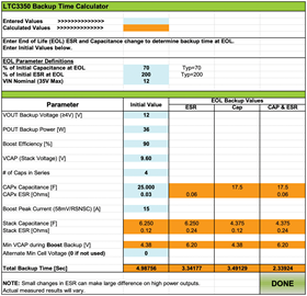 Figure 6. LTC3350/ LTC3351 calculation for a 36 W, 4 s holdup system with 25 F capacitance.