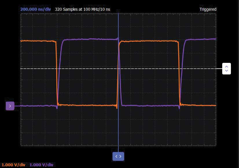 図10. CMOSインバータの入出力波形。伝搬遅延を確認することができます。
