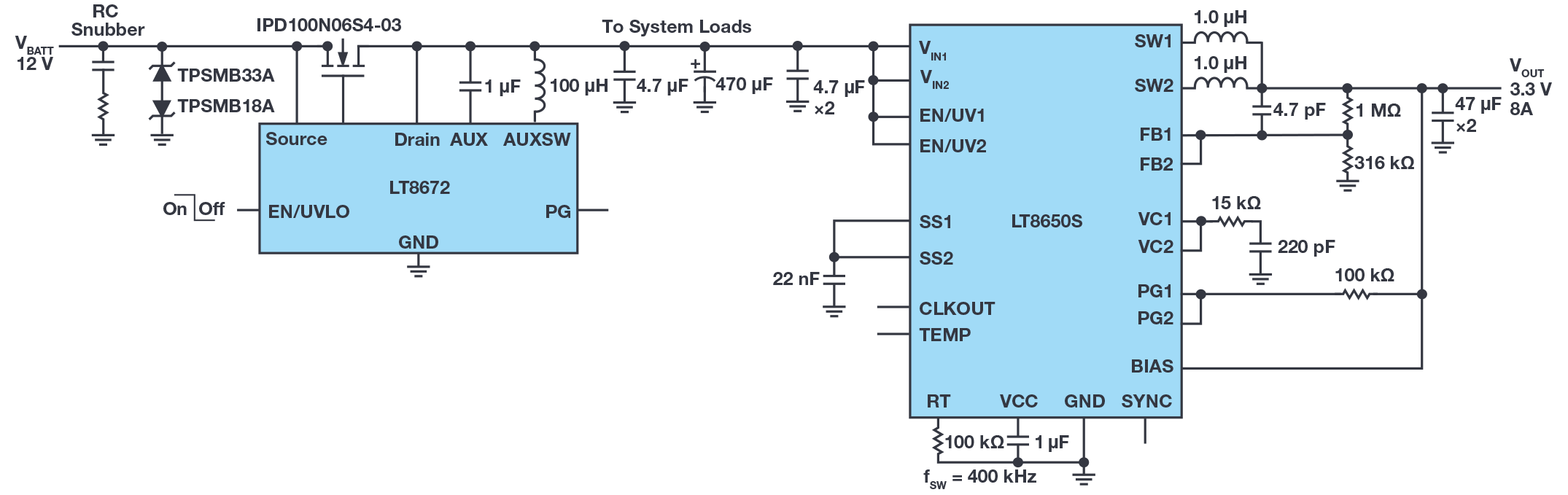 図13. LT8672とLT8650Sを組み合わせた回路。大きな出力電流を得るための構成例です。