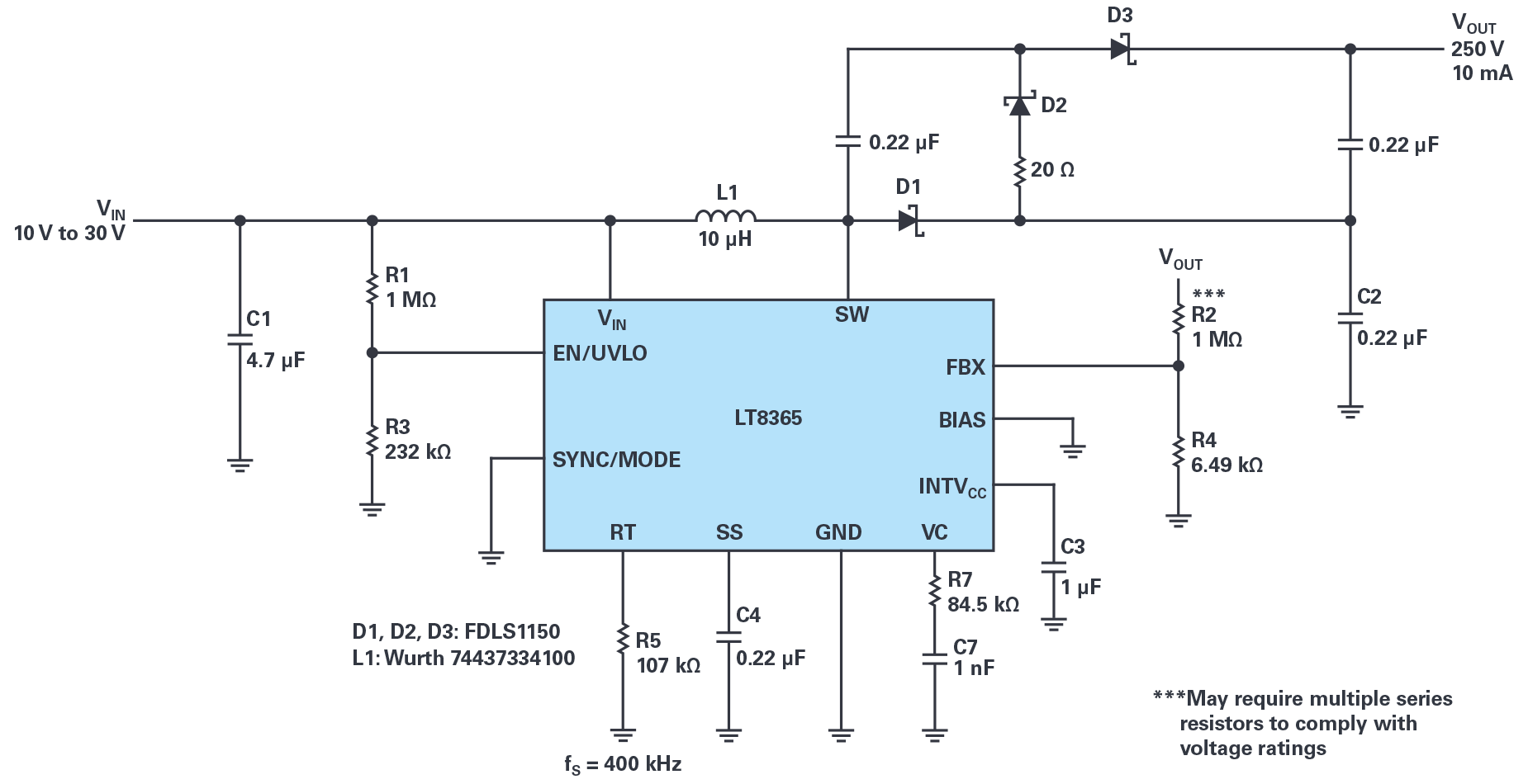 図1. 2段構成の昇圧コンバータ回路。12Vの入力から250Vの出力を得ることができます。