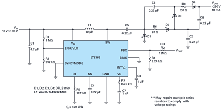Figure 2. 12 V input to –250 V output 2-stage inverting converter.