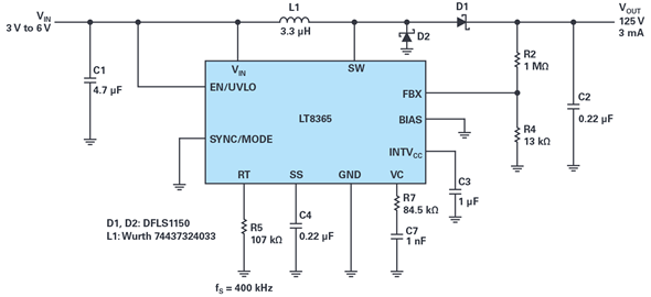 Figure 3. 3 V input to 125 V output boost converter.