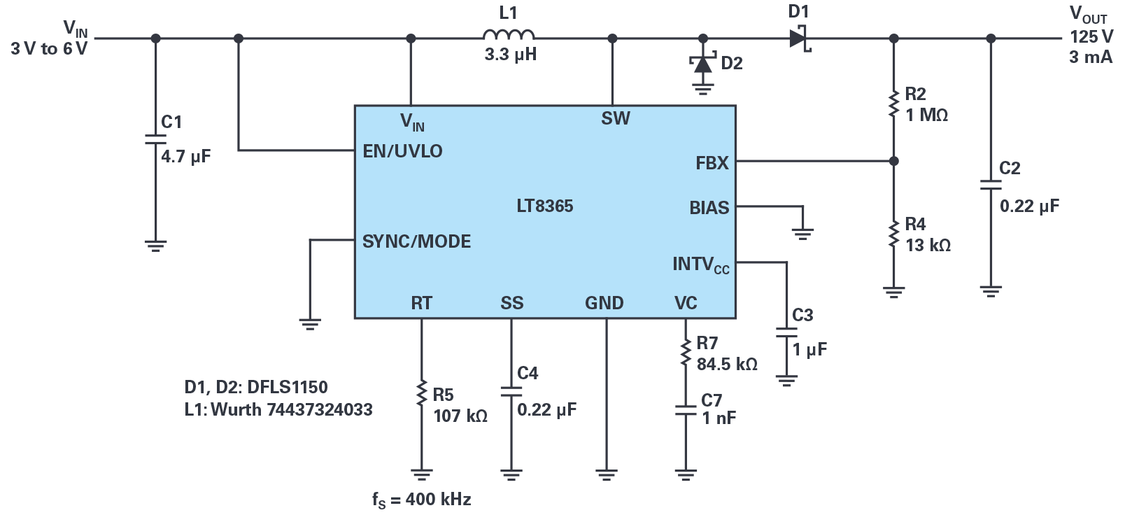 図3. 3.3Vの入力から125Vの出力を生成する昇圧コンバータ回路