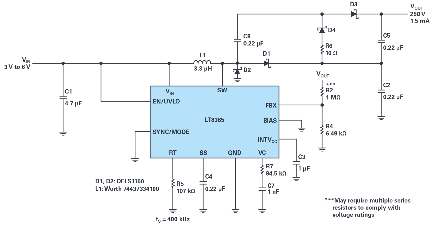 図4. 2段構成の昇圧コンバータ回路。3Vの入力から250Vの出力を得ることができます。