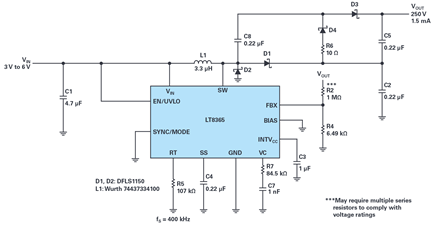 Figure 4. 3 V input to 250 V output 2-stage boost converter.