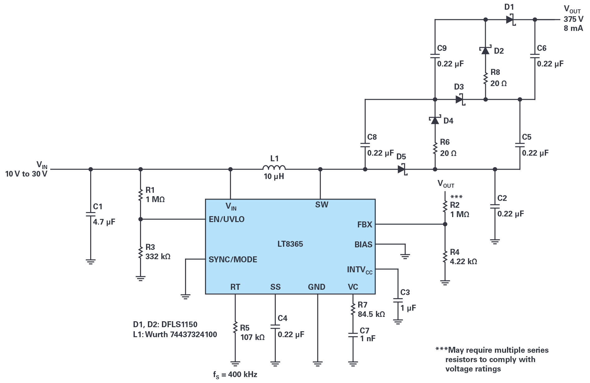 図5. 3段構成の昇圧コンバータ回路。12Vの入力から375Vの出力を得ることができます。