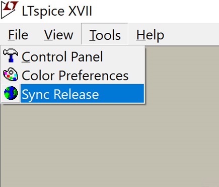Figure 1. To keep your installation of LTspice up to date with the latest models, software, and examples, choose Sync Release from the Tools menu.