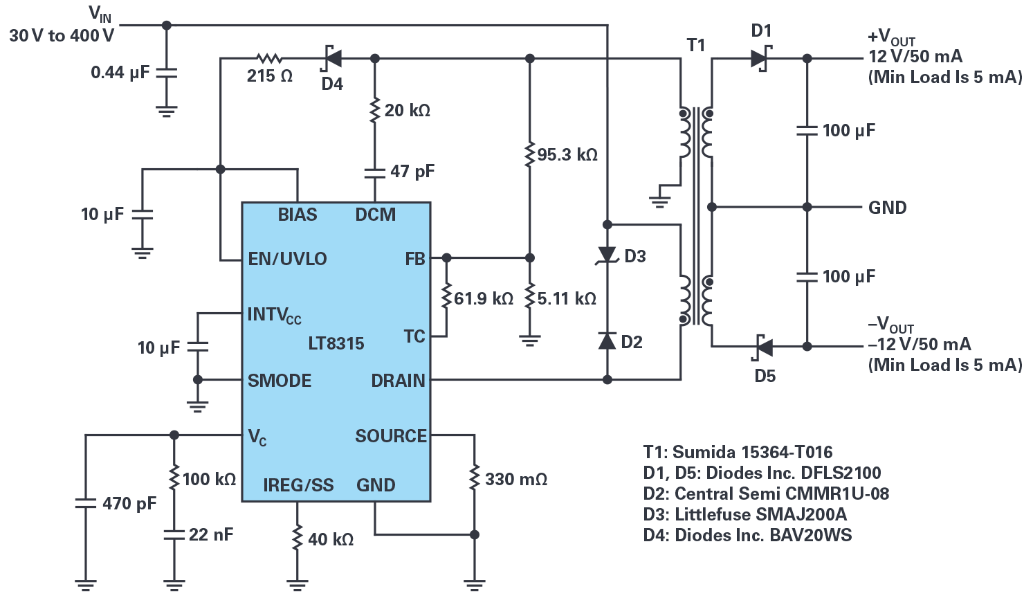 図1. LT8315を使って構成した絶縁型フライバック・コンバータ。