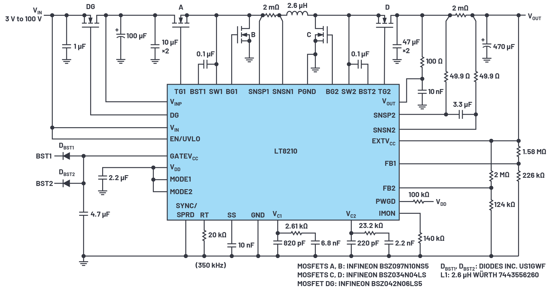 図5. LT8210を使用して構成した昇降圧レギュレータ。3V~100Vの入力電圧に対応します。8V~17Vの範囲ではパススルー・モードでの動作が可能です。