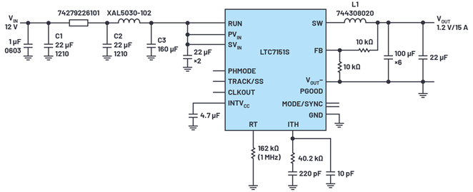 Figure 4. Schematic of a 1.2 V regulator with 1 MHz switching frequency. Figure 4. Schematic of a 1.2 V regulator with 1 MHz switching frequency.