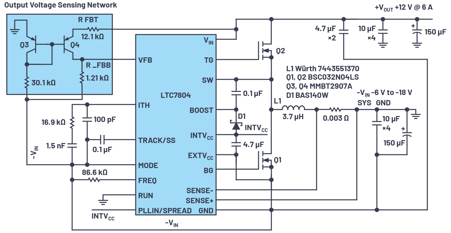 図1. 負電圧から正電圧を生成する回路。-VINは-6V~-18V(ピークは-24V)、+VOUTは12V(出力電流は6A)です。