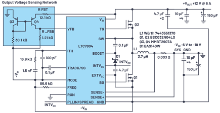 Figure 1. Negative-to-positive converter electrical schematic, VIN –6 V to –18 V (–24 V peak); VOUT +12 V at 6 A.