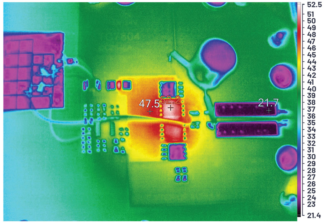 図5. 図1の回路の熱性能。-VINが-12V、+VOUTが12V(出力電流は6A)の場合の評価結果です(自然体流冷却の場合)。